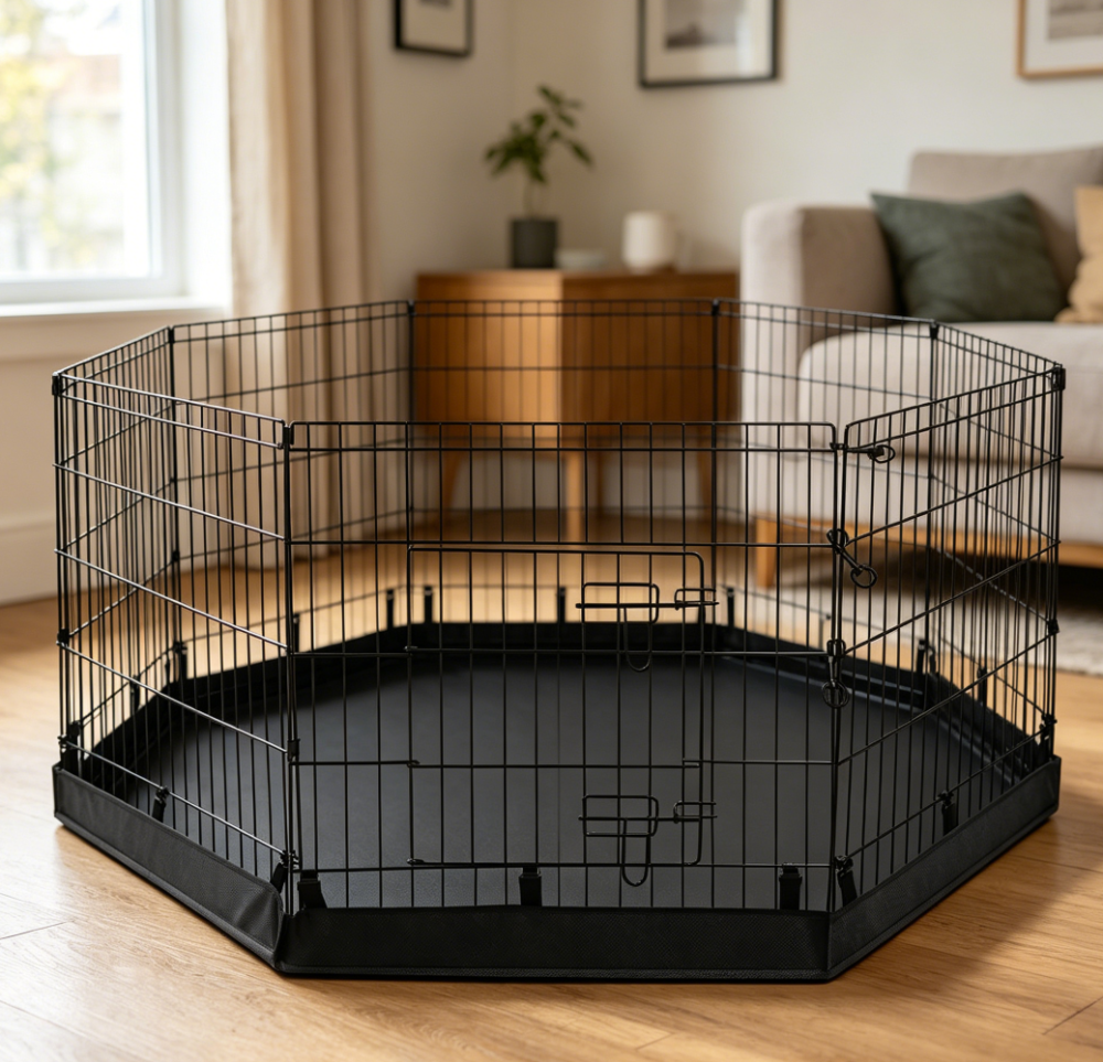 Foldable Metal Playpen with Bottom Mat, Black